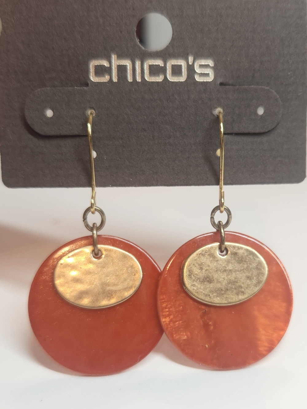 Chico's Orange and Gold Layered Disc Drop Earrings